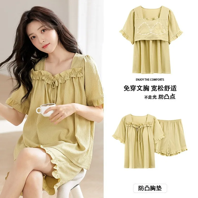 Pajamas with Chest Padded Women's Summer Short Sleeve Shorts Cute Korean Sweet Thin Floral Plus Size Loungewear Set pijama