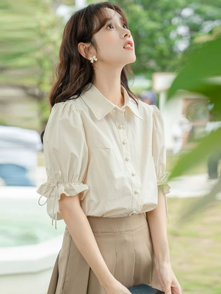 Shirts Women Literary Sweet Puff Sleeve Popular Summer Maiden Bandage Temperament Casual New Minority Korean Style Vintage Lapel