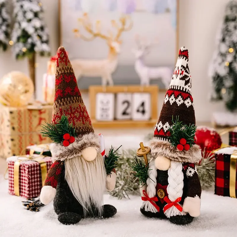 Christmas Decorations Knitted Hat Holding Pine Branches Rudolph Doll Standing Dwarf Faceless Doll Ornament