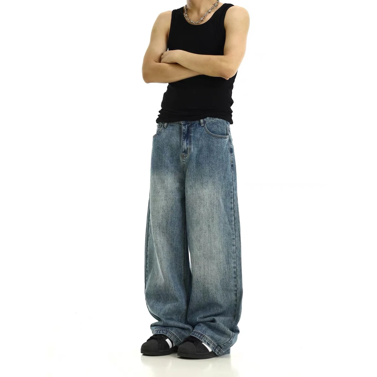 

American Retro Washed Blue Jeans Men's Trendy Cleanfit Loose Drapey Wide Leg Straight Casual Long Pants Cotton Polyester Blend