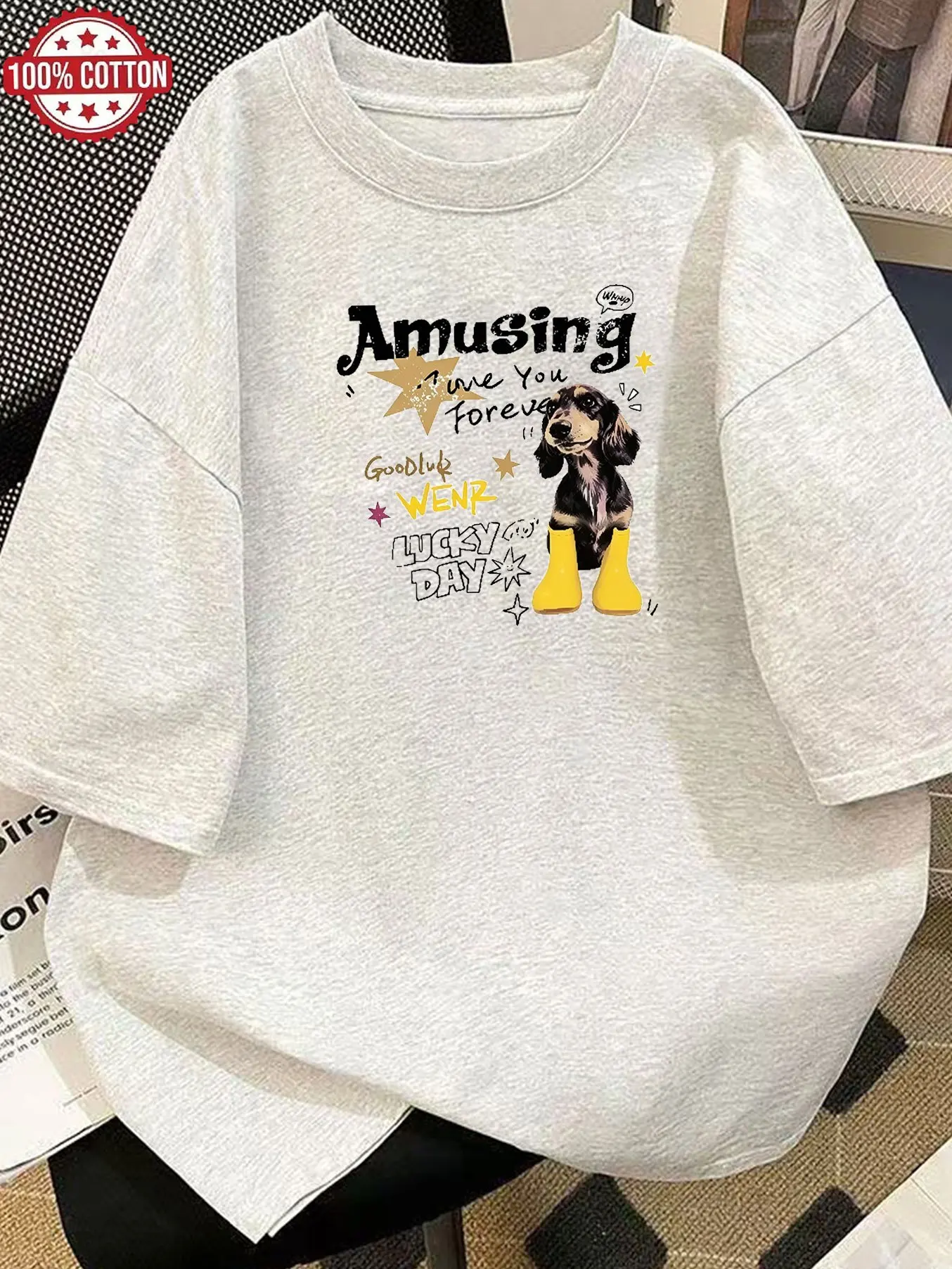 Amazing Dog Print Women's T-shirt Casual Short Sleeved Round Neck Top with Fun Letter Pattern Cute T-shirt