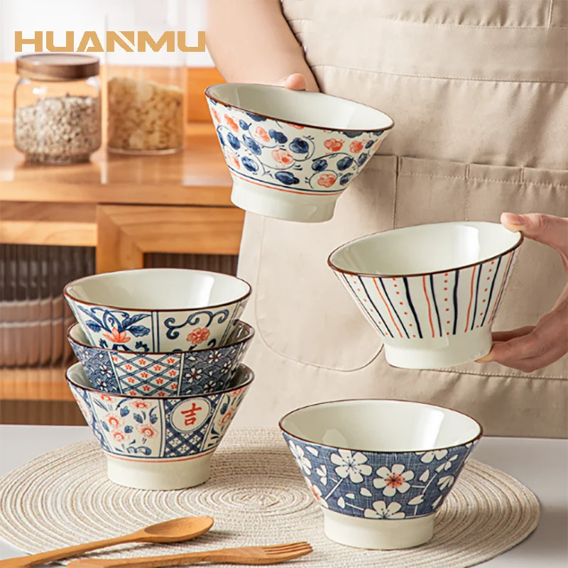 5inch Japanese Flowers Salad Bowl Ceramic Heat Resistant Noodle Soup Kitchen Tableware Pasta Cereal Fruit Household Bowl New