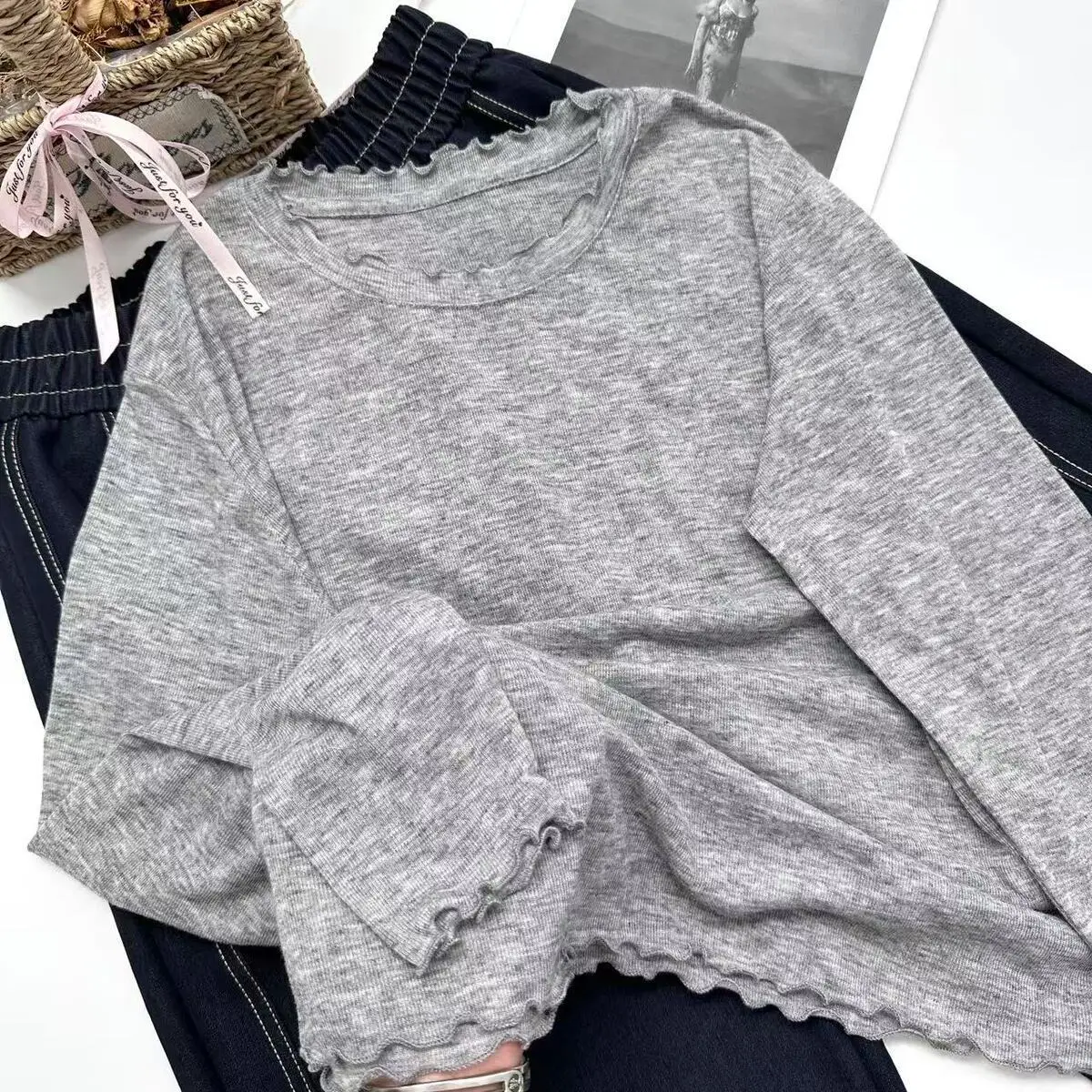 

Ultra-Soft Long-Sve Knitted Sweater l Skin-F Feeling Korean Sle Wood ain Pure Color Simple Inner Wear Y667