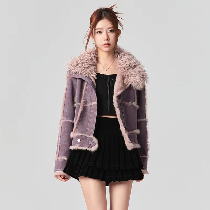 2024 Autumn Winter Fur Coat natural Rabbit Short Women's Rabbit Fur Lining Sheepskin Neck Fashionable Warmth Overcoat