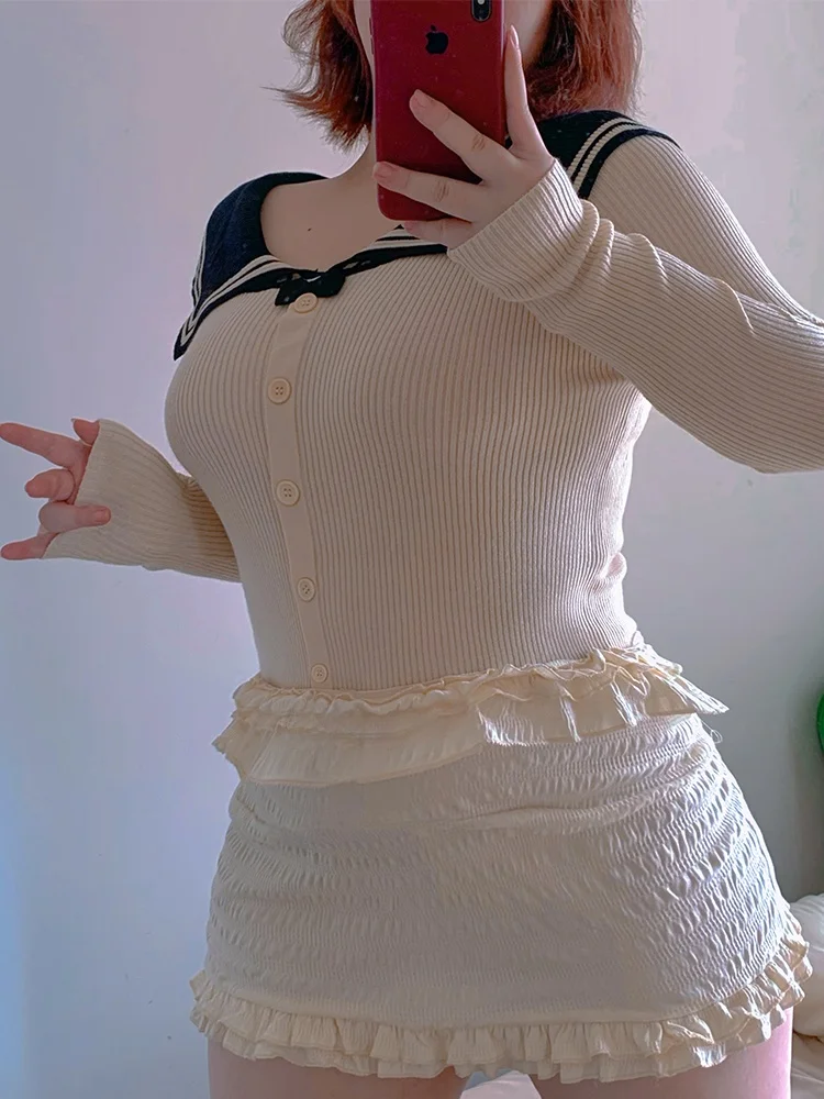 

plus Size Knitted Sweater One oulder Sle Sweet Sle Autumn Big Sister Soft Candy College Sle Long Sve Button D...