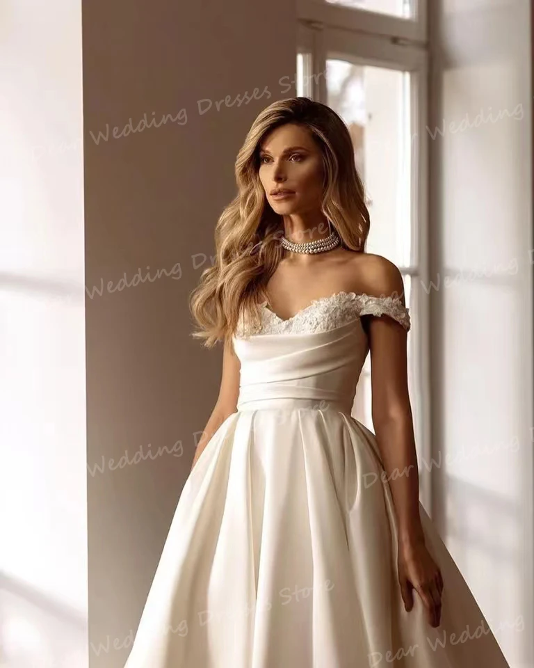 2024 splendidi abiti da sposa in raso Sexy A Line abiti da sposa senza maniche da donna Backless Sweetheart Off spalla abiti formali