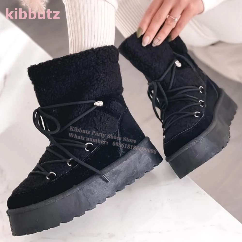 Suede Furry Ankle Snow Boots Platform Round Toe Height Increasing Lace-Up Winter Warm Fashion Elegant Concise Women Shoes Newest