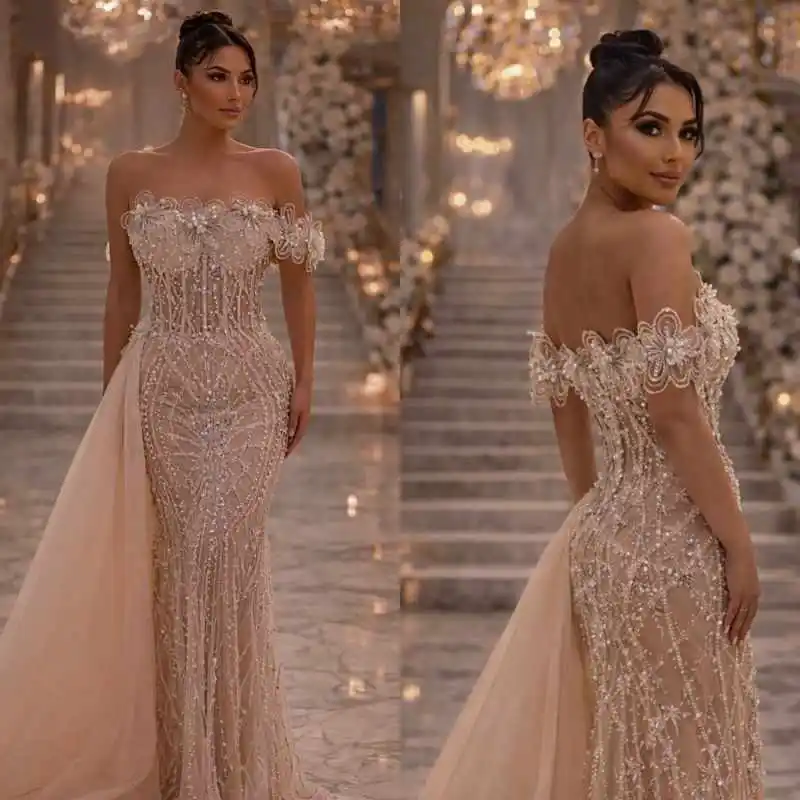 

Gorgeous Pearls Mermaid Prom Gowns Sleeveless Off Shoulder Evening Dresses Floor Length Crystals Celebrity Party Customized