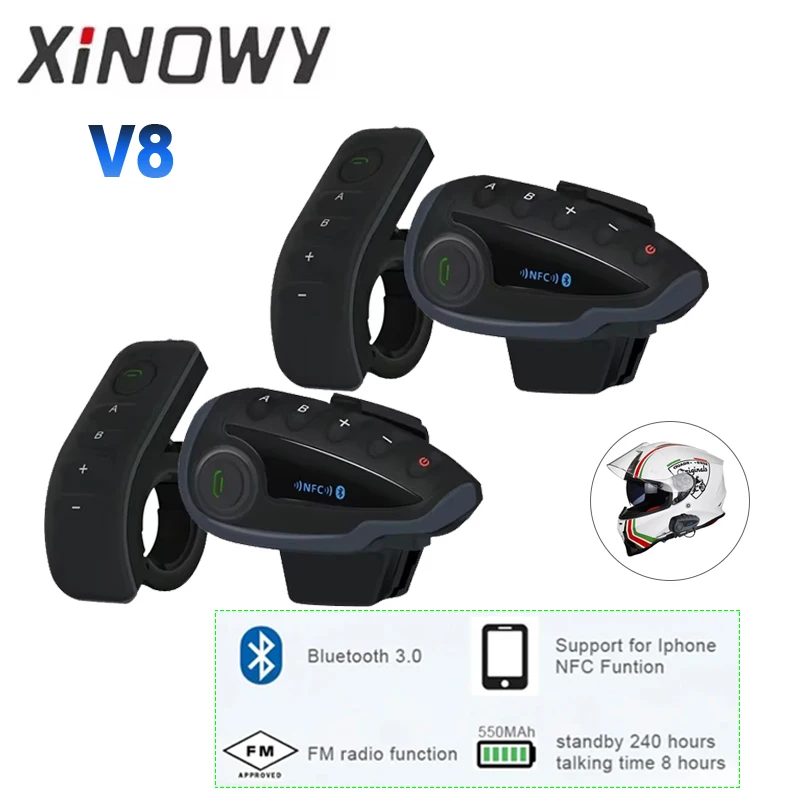 

XINOWY V8/V8 SV Motorcycle Helmet Bluetooth Headset 5-Riders Group Real-Time Intercom 1200M Telecontrol Remote Control FM Radio