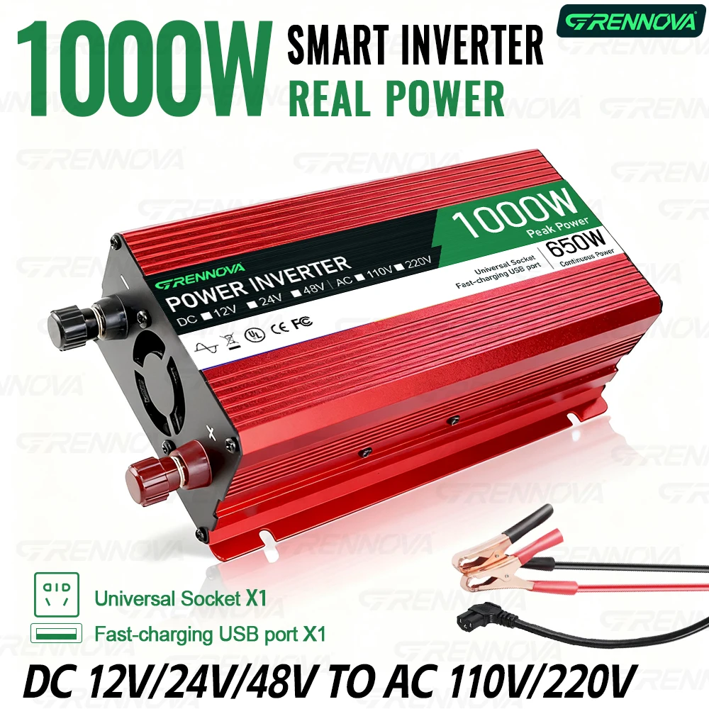 Grennova 1000W True Rated Power Inverter DC 12V/24V/48V to 110V/220V AC Converter for Road Trip & Camping w/ USB & AC Outlets