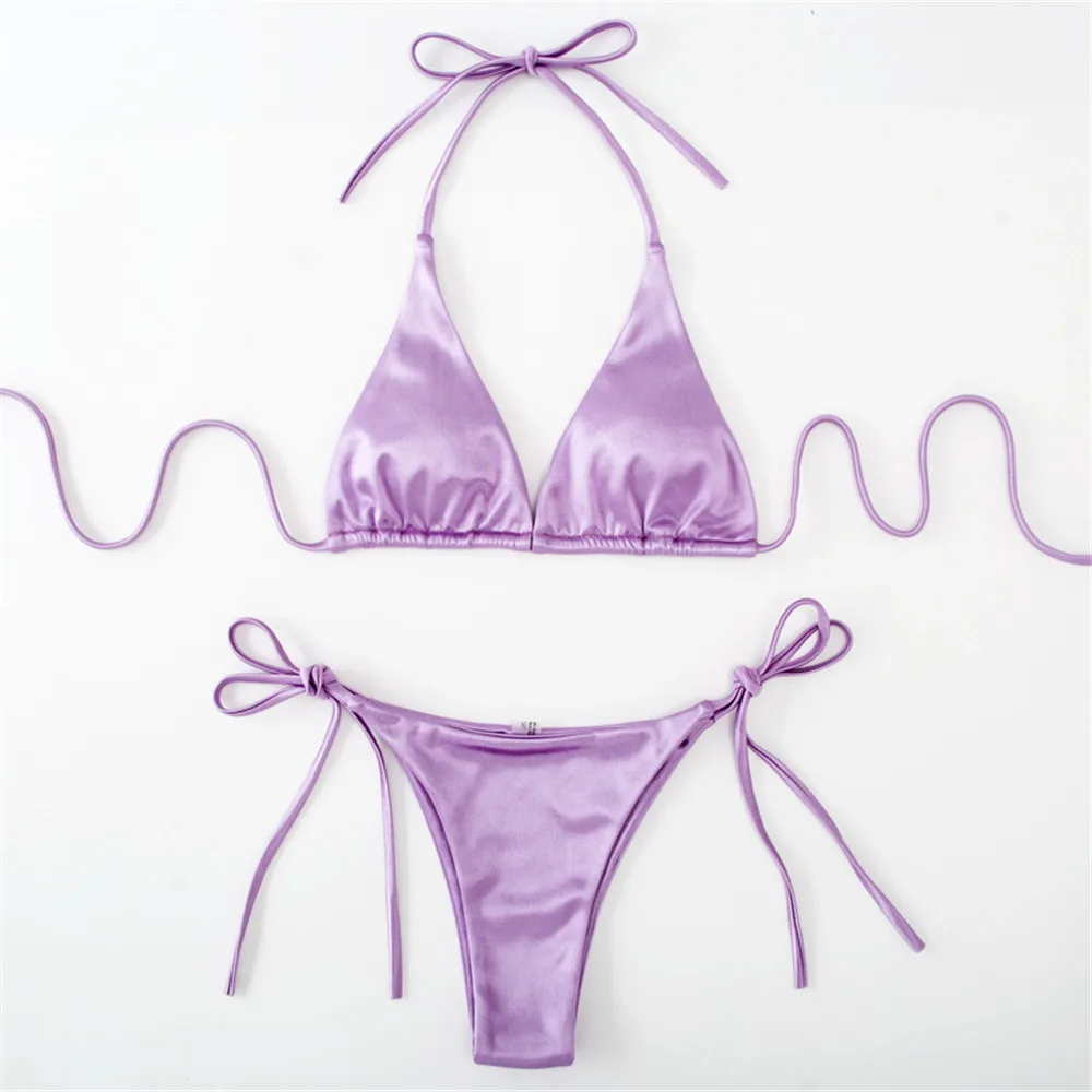 Sexy Light Purple Satin Swimsuit Micro Thong String Halter Triangle Bikinis Sets Swimwear 2026 Women Bathing Suit Bikini Femmes