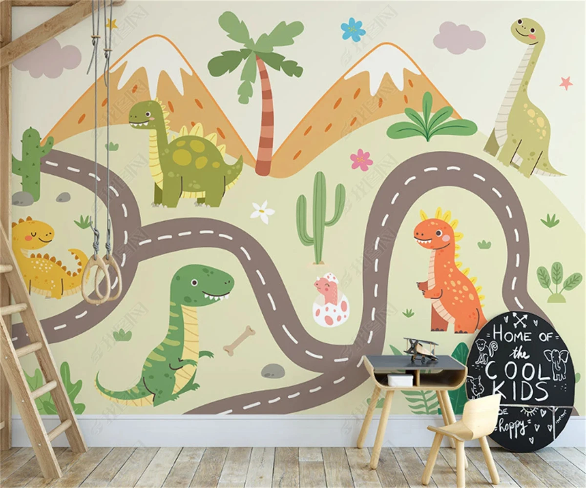 beibehang Customized wallpaper for walls Nordic dinosaur cartoon car road children's room bedroom background wallpaper