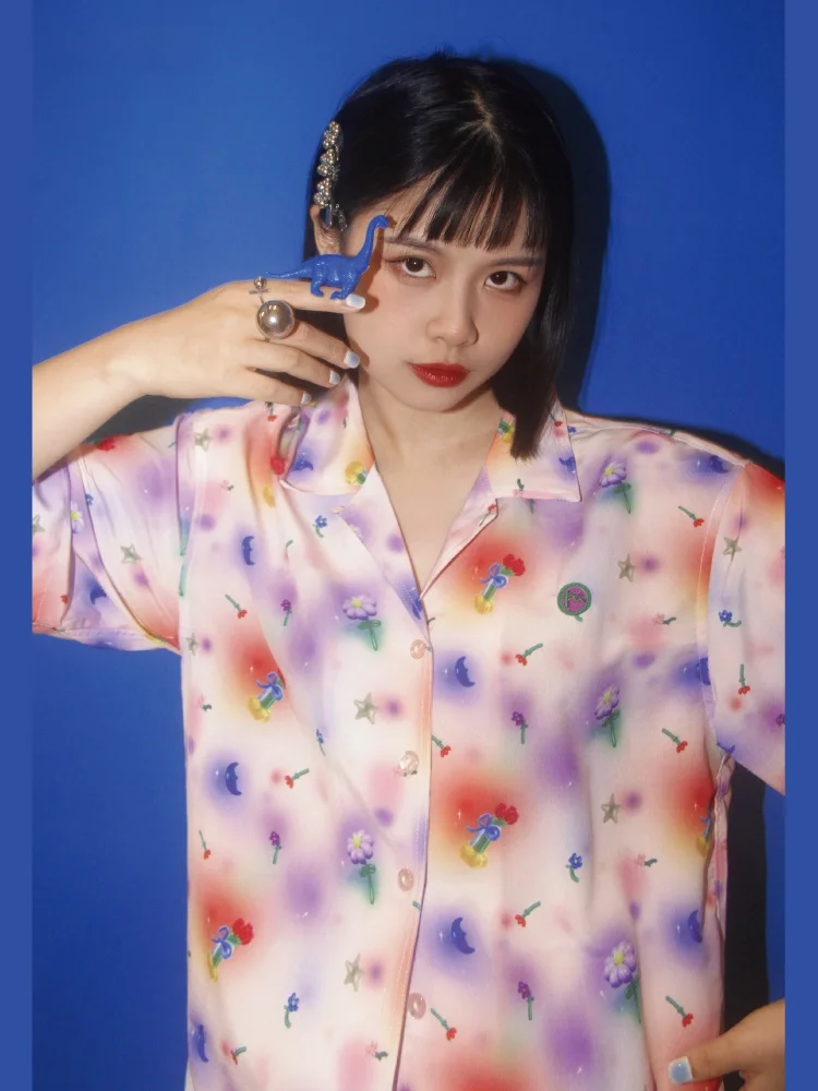 

Sweet Neon Balloon Flower adient Print Loose Women's irt Original Design ort Sve Anti-Wrinkle Polyester Fiber