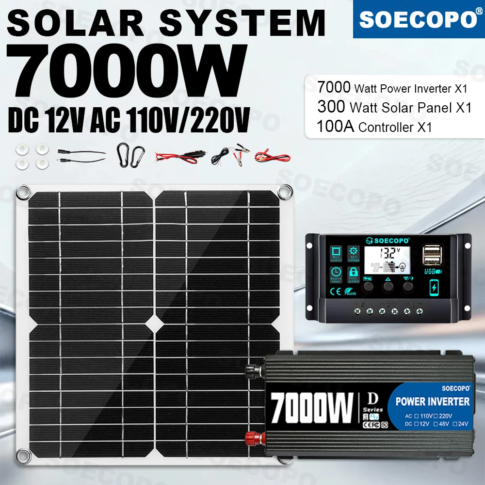 7000W Lightweight Solar System Complete Kit Stable Output Inverter 300W Panel 100A Controller Off Grid for Farm park garden Use