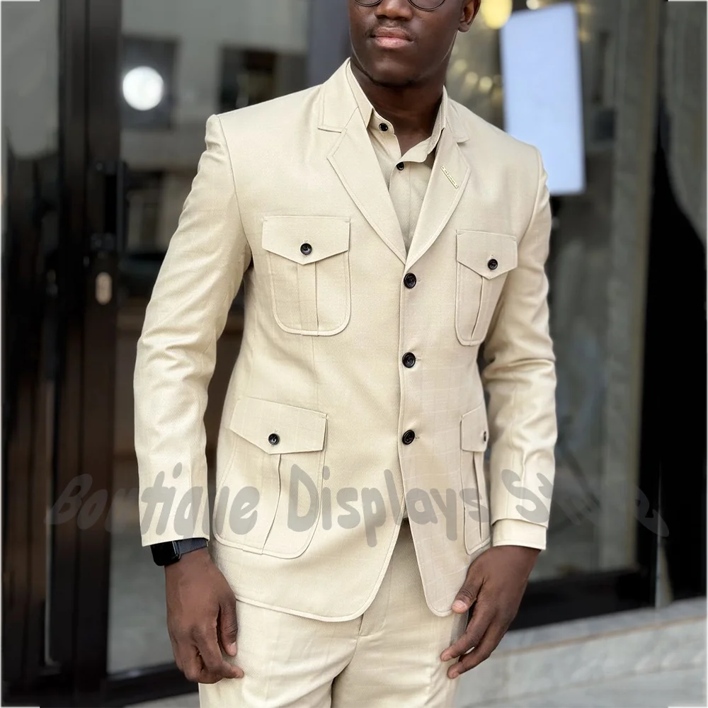 Fashion Design Multi Pocket Jacket Pants Men's Suit 2 Piece Slim Fit Single Breasted Notch Lapel Daily Casual Male Clothing