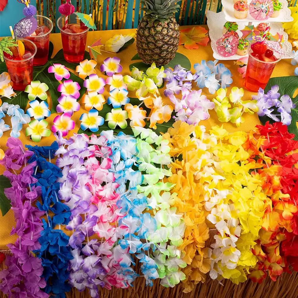 Hawaiian Leis Necklace Colorful Faux Silk Flower Lei Decoration Summer Fake Flower Necklace Decoration Beach Pool Party Supplies