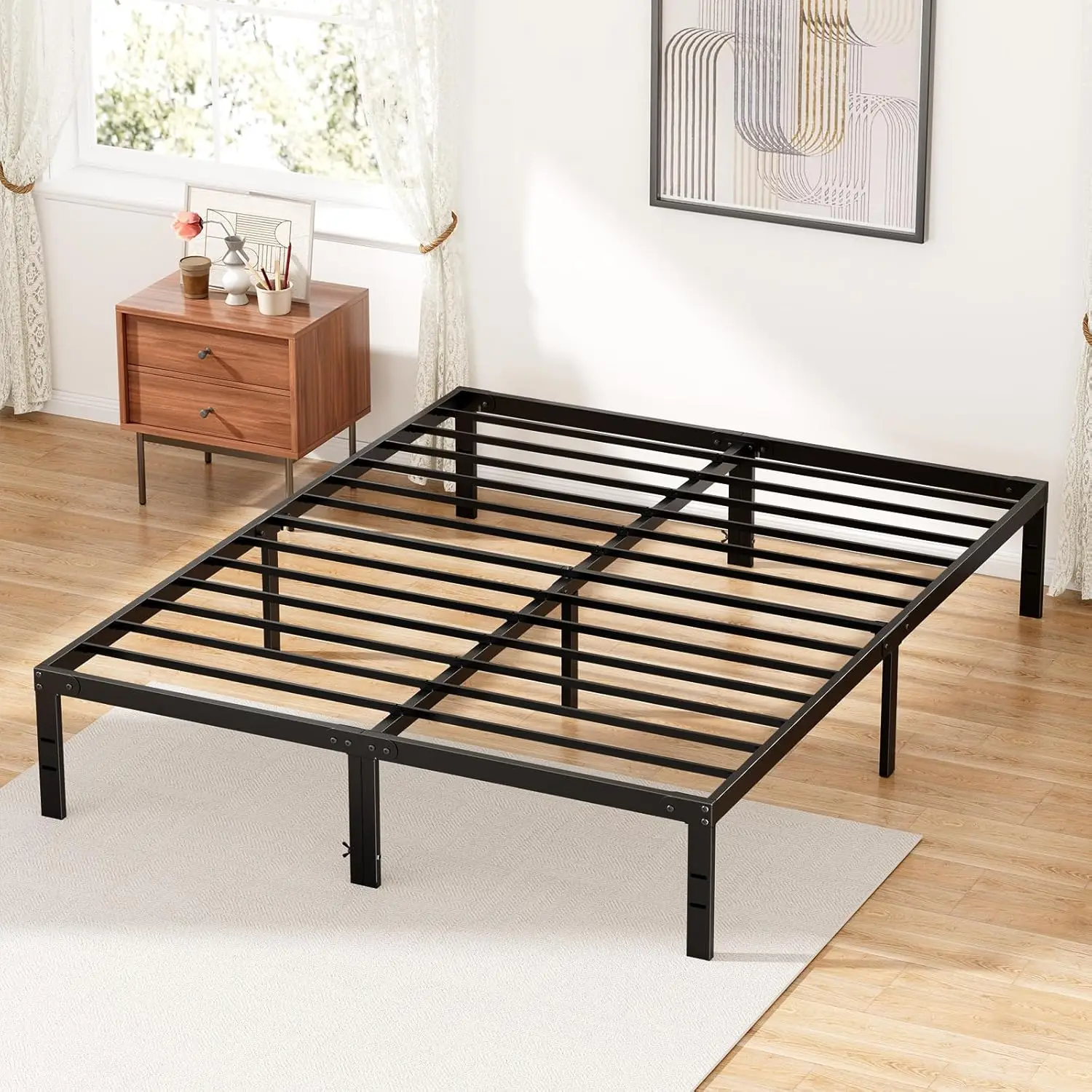 

Bed frame with steel bar support, storage space under base, easy to assemble, black