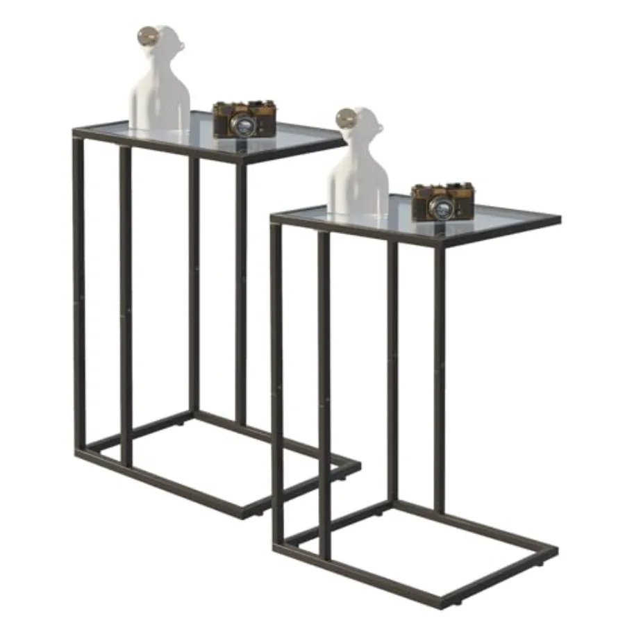 

C Shaped End Table Set of 2 Tempered Glass Snack Side Table with Metal Frame Sofa Couch Side Table Modern Style Black