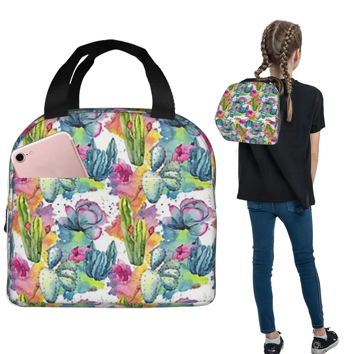 

Exotic Wildflower Cactus Pattern Watercolor Style Stylish Insulated Lunch Bag for Women Children Food Boxes Thermal Lunch Box