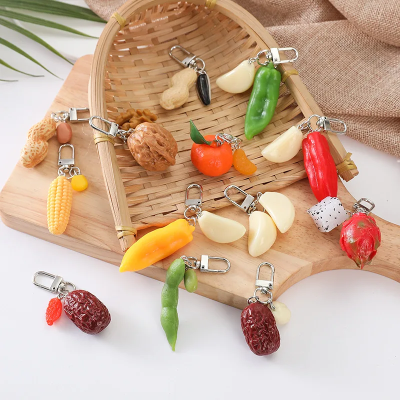 Simulation Of Garlic Corn Keychain Pendant Chili Pepper Egg Walnut Jujube Lotus Seed Orange Shrimp Bag Shaped Pendant