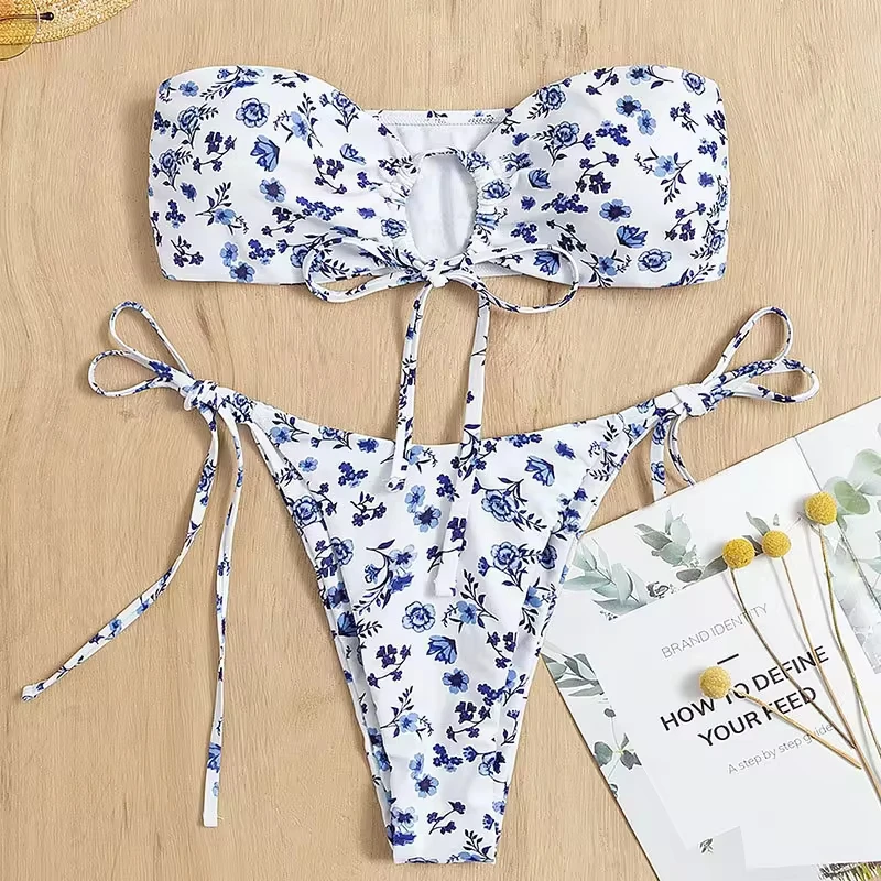 

Blue Floral Bikini Drawstring Hollow Out Bandeau Swimsuit Thong Vacation Swimwears Women Bathing Suit Beach Summer Outfits