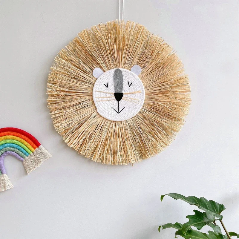 Nordic Hand Woven Cartoon Lion Hanging Decorations Kids Room Wall Home Accessory Cotton Thread Weaving Animal Head Ornament