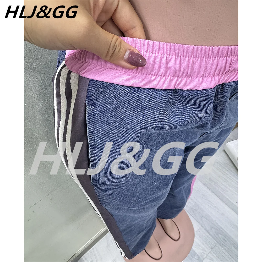 HLJ&GG Casual Stripe Print Patchwork Jean Denim Straight Pants Women High Waisted Button Pocket Wide Leg Bottoms Autumn Trousers