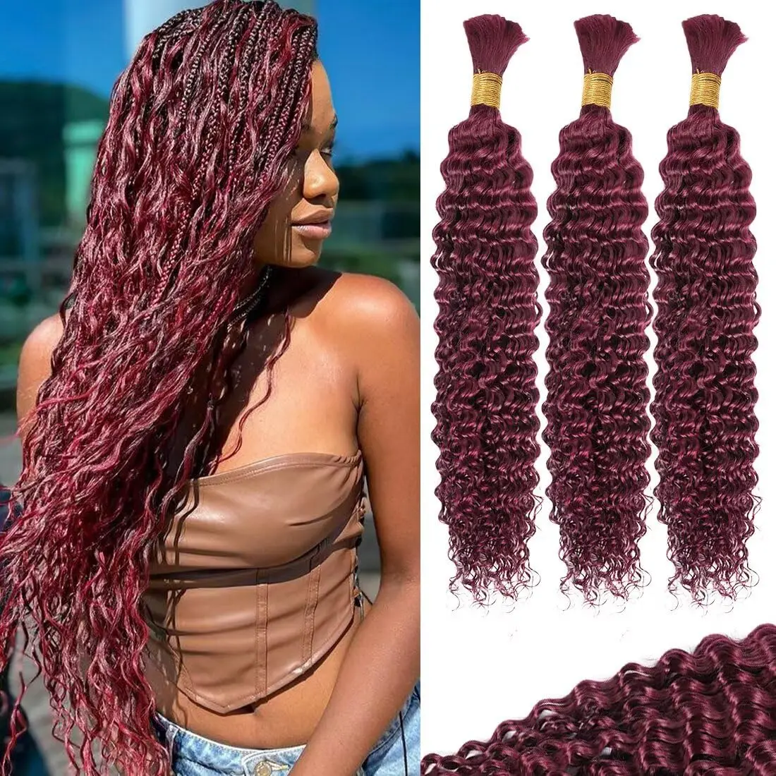 200 جرام بورجوندي البوهيمي السائبة تجديل الشعر موجة عميقة الشعر السائبة للتضفير لا لحمة مجعد حزم ل تجديل وصلات شعر