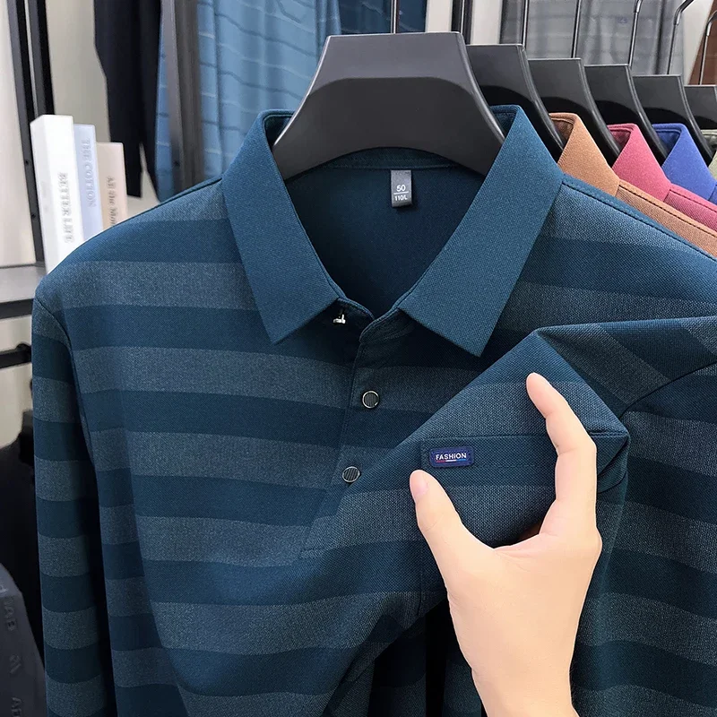 

Spring Autumn New Men's Polo Shirt Lapel Long Sleeve T-shirt High end Luxury Stripe Pocket Breathable Classic Versatile Menswear