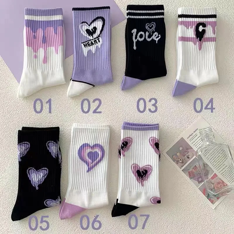 1 Pairs Woman Socks of New High Aesthetic Women's Purple Heart Pattern Soft and Comfortable Long Casual Socks  Cute