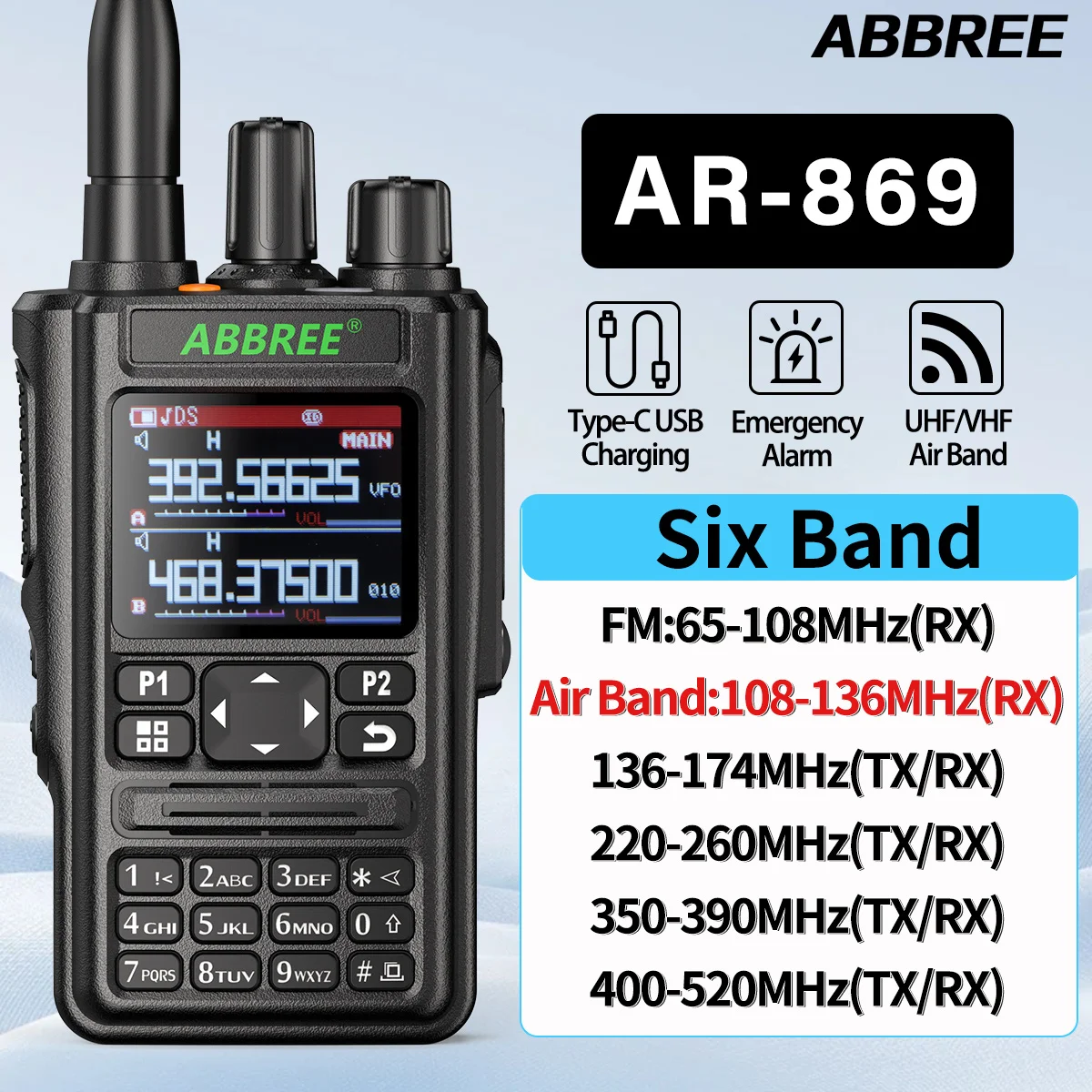 

ABBREE AR-869 Air Band Walkie Talkie 136-520 МГц Полнодиапазонный UHF/VHF Беспроводная частота копирования 446 МГц Тип-C Зарядное устройство 2-стороннее радио Han