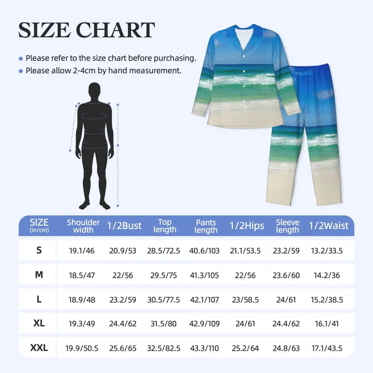 Pajamas Men Beach Photography Sleep Sleepwear Blue Skies With Waves 2 Pieces Casual Pajama Sets Long-Sleeve Oversized Home Suit