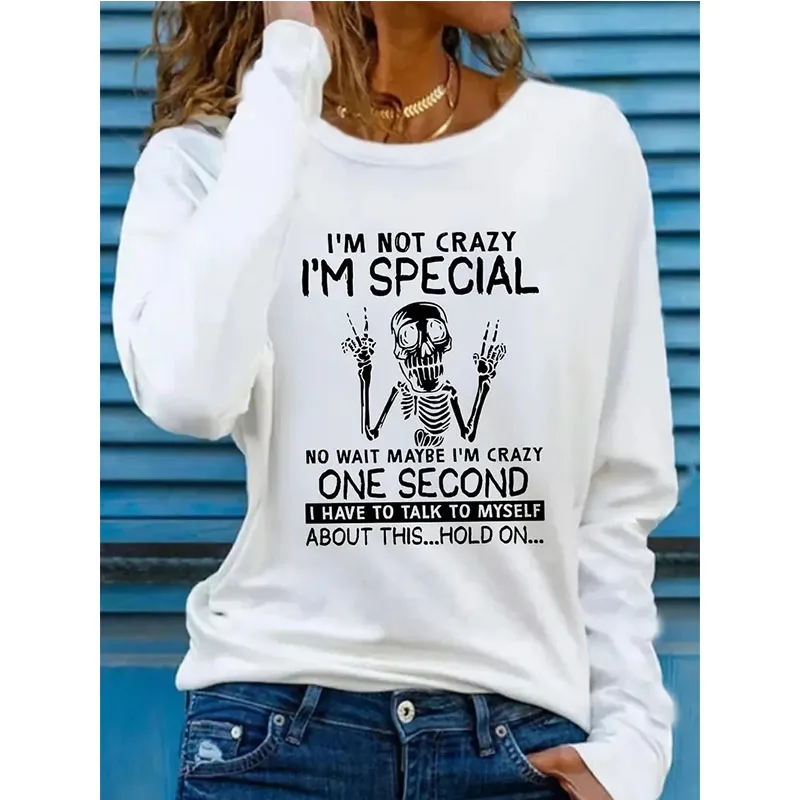 

Women's Humorous Skeleton Peace Sign Graphic Long Sleeve T-Shirt "I'm Not Crazy" Letter Print Crew Neck Casual Ttes Tops Clothes