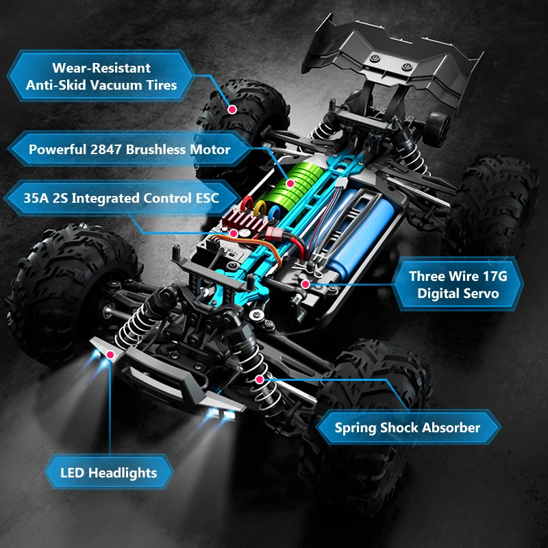 1:16 Szczotkowy lub bezszczotkowy samochód RC z diodą LED 2.4G 4WD 50KM/H lub 70KM/H Szybki samochód terenowy 4x4 Zdalnie sterowany samochód Zabawki