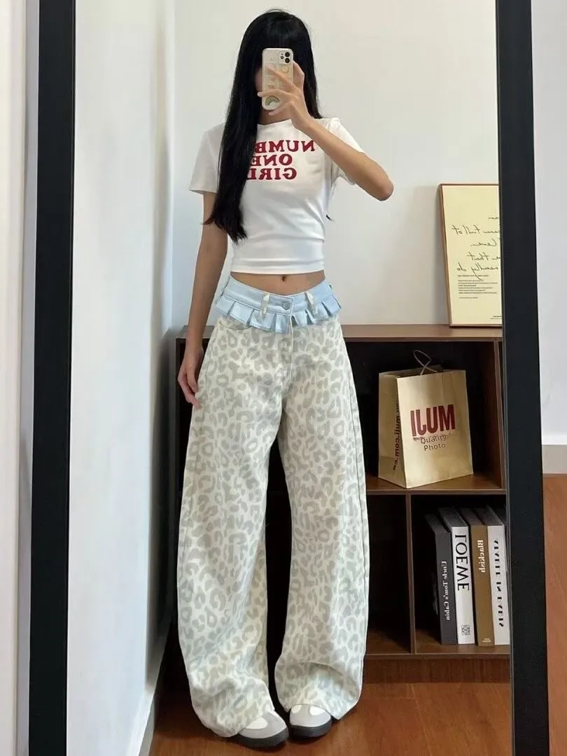 Hot Girl Style Spliced Leopard Print Wide Leg Denim Jeans 2026 New American Retro Design Skirt Hem Floor Length Pants Women