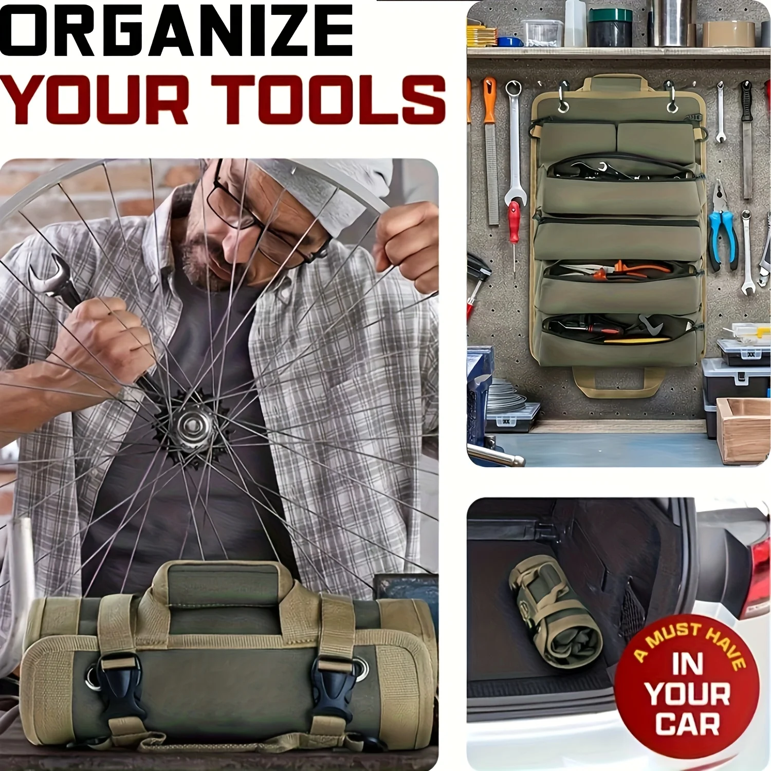 Roll-up Tool Bag, Detachable 6 Pouches, Tool Organizer for Automotive Repair, Large Tool Roll-Up Bag with Detachable Pouches