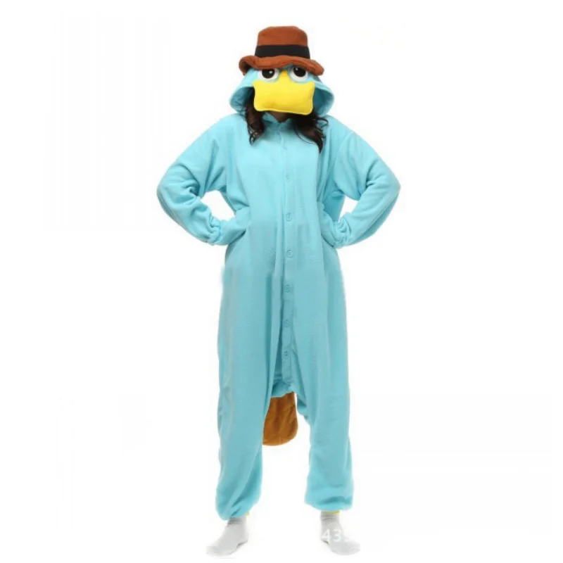 Cartoon Duckbill Platypus Costume Pyjamas Unisex Long Sleeve Hooded Sleepwear Stage Performance Halloween Couples Outfit