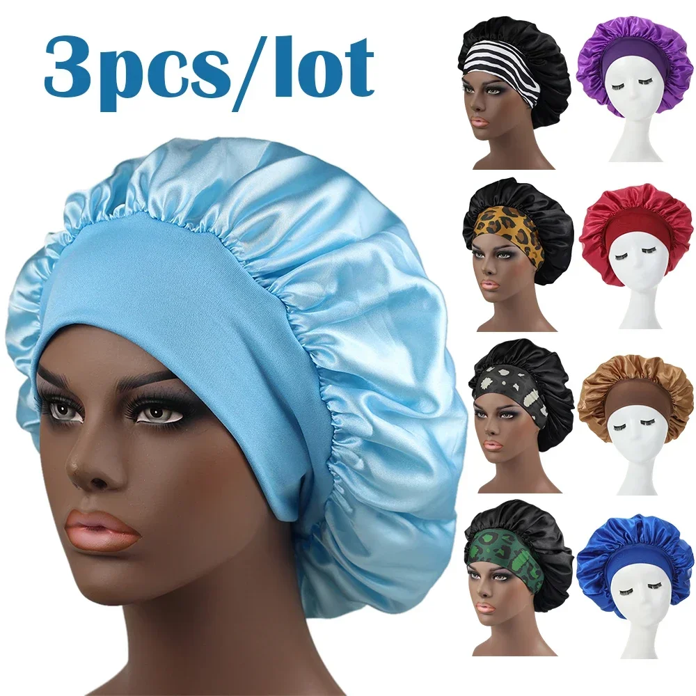 

3pcs/lot Women Satin Solid Sleeping Hat Night Hair Care Bonnet Nightcap Unisex Wide-brimmed Sleep Hat Head Wrap Elastic Band Cap