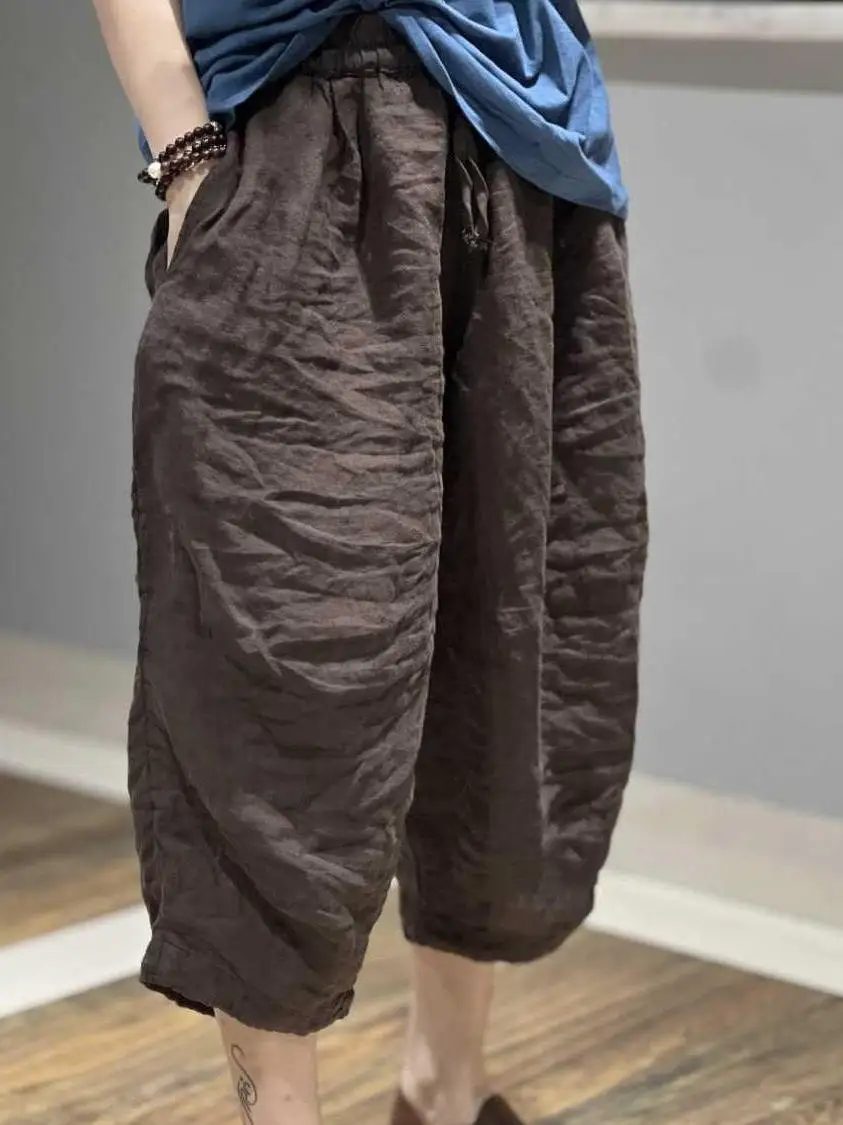 

Женские винтажные свободные повседневные легкие льняные брюки больших размеров с эффектом потертости, широкие, укороченные (7/8), в стиле Харадзюку, с высокой талией