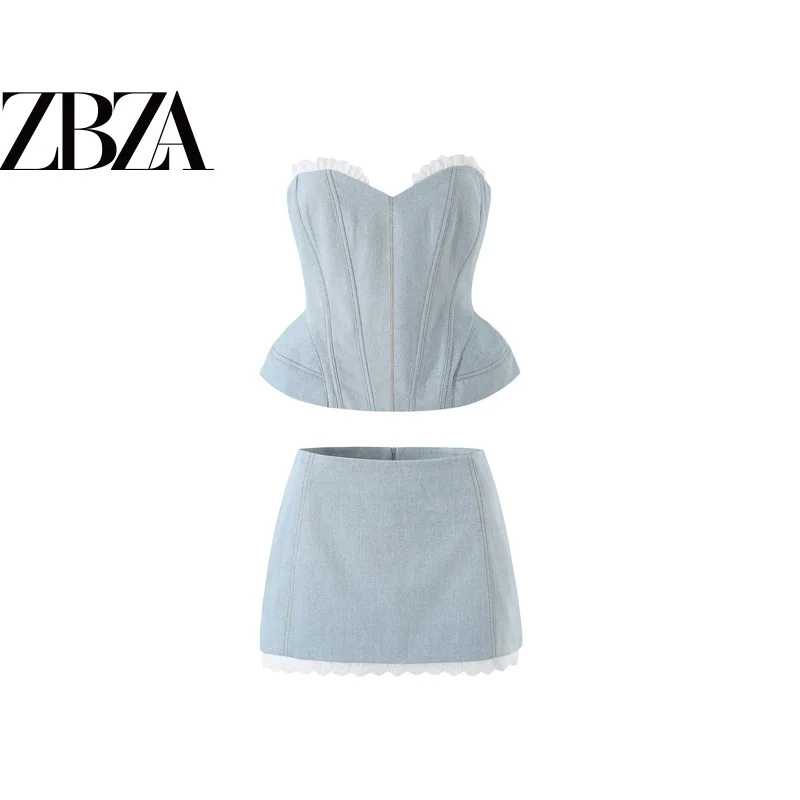 Fashionable Ruffle Splicing Fishbone Waistband Denim Top Short Skirt ZR Style Women's Summer Outfit Two-Piece Set