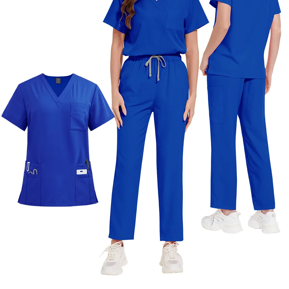 남성용 V넥 반팔 스크럽 간호사 스크럽 의료 수술복 세트 작업복 자수 가능 스크럽 슈트 맞춤 로고 포함