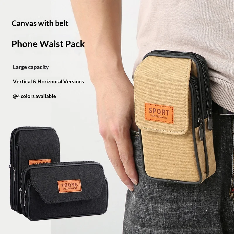 Canvas Cell Phone Holster for Men – Business Belt Clip Waist Pack, Heavy Duty Phone Pouch with Belt Loop 18cm with pockets