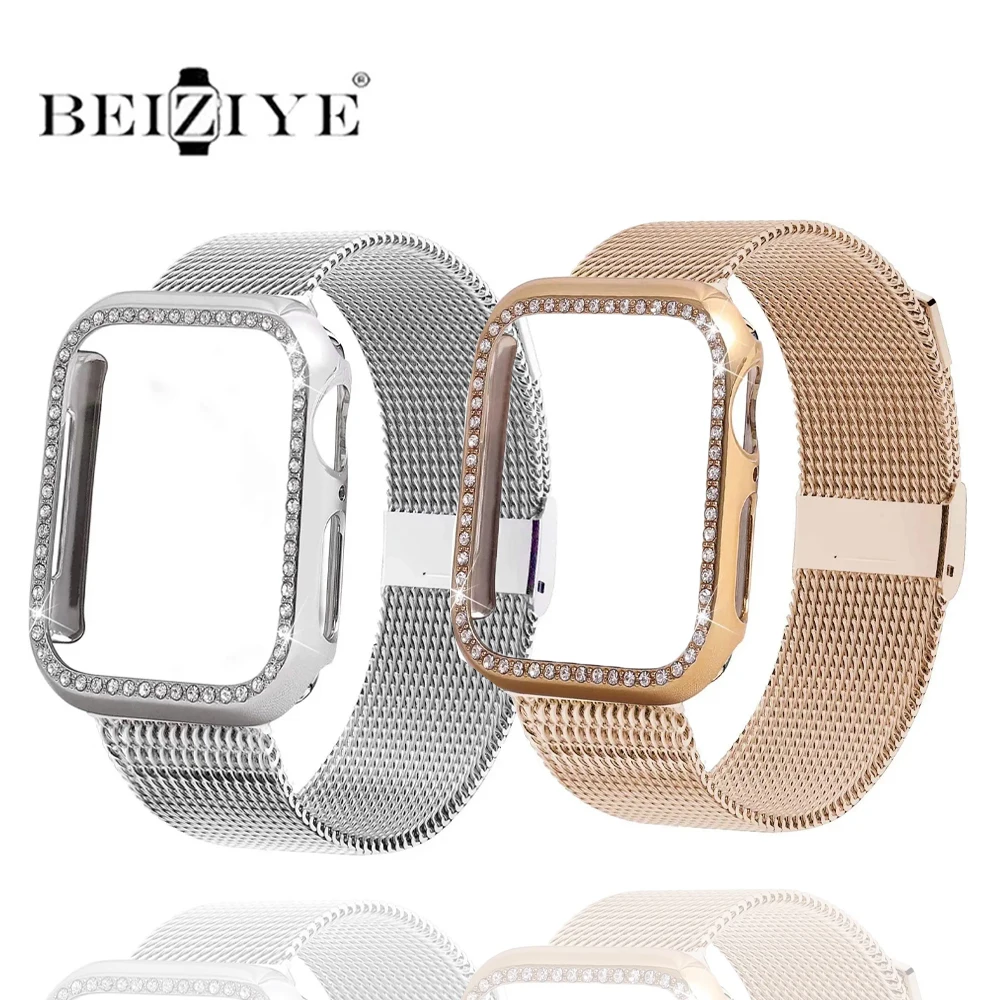 

For Apple Watch Diamond Case+Milanese Strap Series 9 8 7 6 SE Women Stainless Steel Metal Band For iWatch Ultra 2 49mm 41mm 45mm