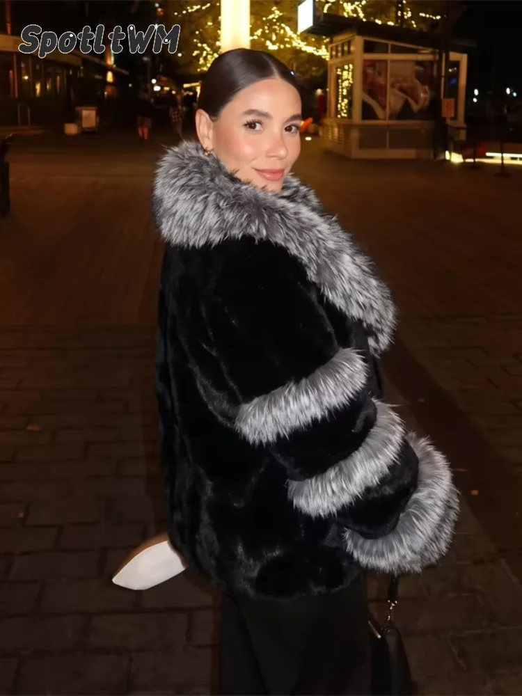 Women's Black Faux Fur Silver Fox Wide Collar Stripe Sleeve Jackets Long Sleeve Warm Coats 2026 Winter Daily Street Outerwear