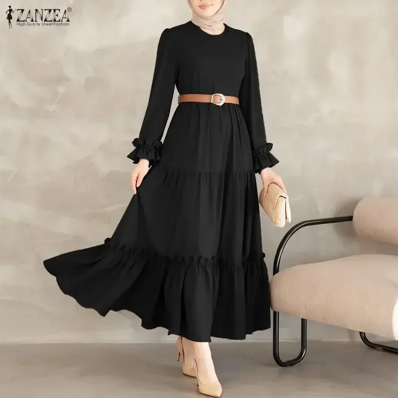 

ZANZEA 2026 Spring Flounce Maxi Dresses Elegant Muslim Abaya Dress Ramadan Robe Women O Neck Long Sleeve Party Dresses IsIamic
