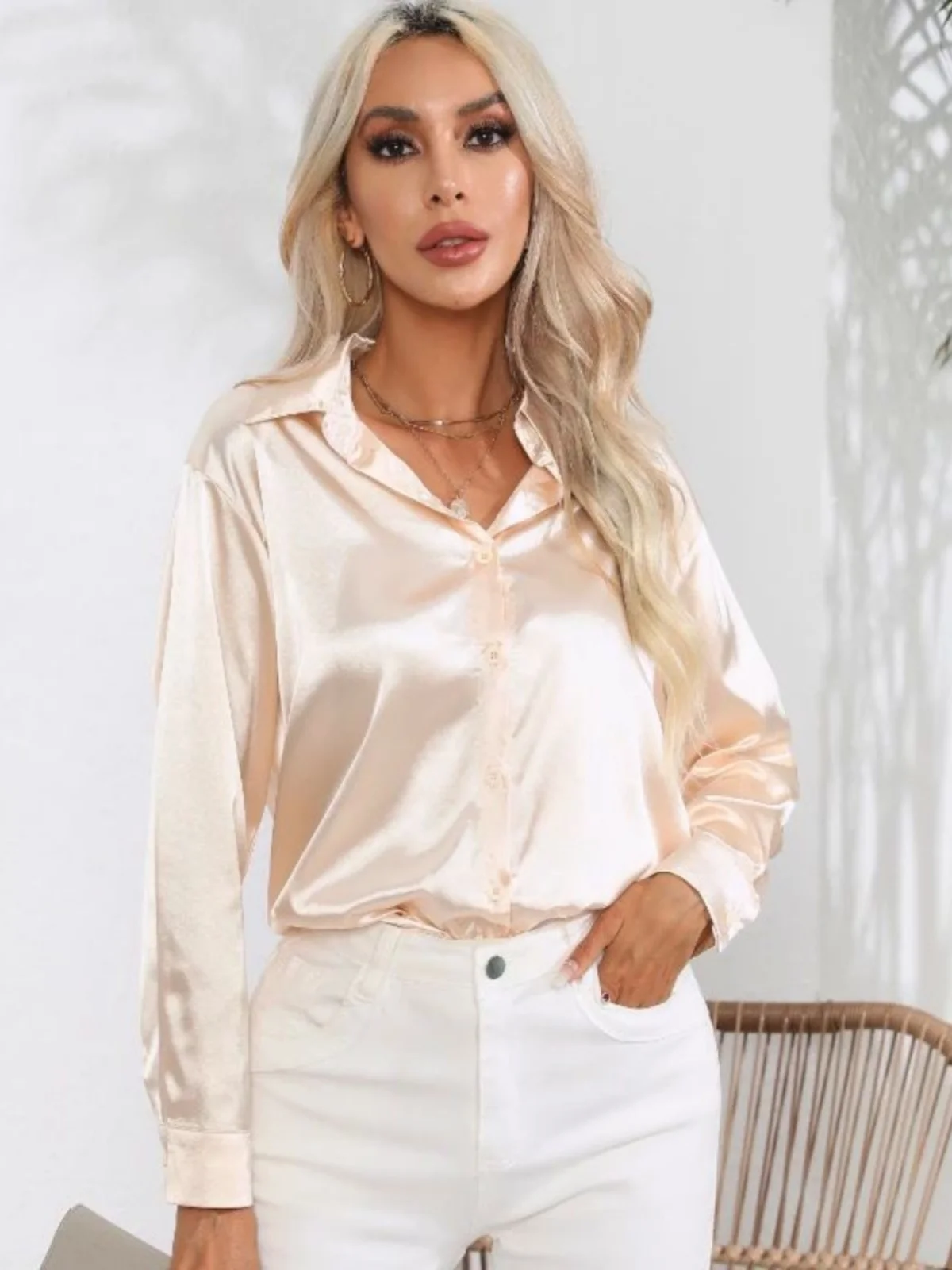 Повседневные свободные лацканы Long Sve irt Street Sle Pure Color на пуговицах свободного покроя Long Sve irt для женщин