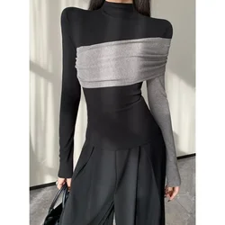 Korean sexy long-sleeved T-shirt women's autumn and winter new semi-high-necked fashion slim contrast with bottoming shirt.