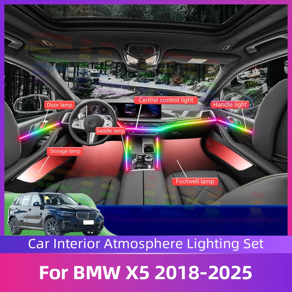 

Автомобильное окружающее освещение, 64 цвета, светодиодная внутренняя акриловая полоса с переливающим эффектом для BMW X5 F15 G05 2018 2019 2020 2021 2022 2023 2024