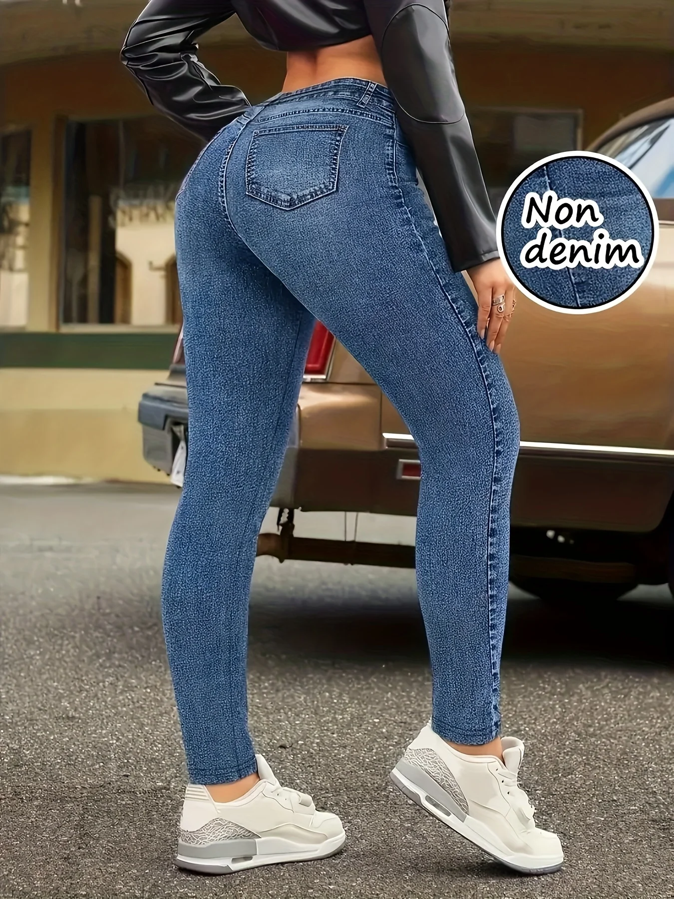 Fashion Women Faux Denim Printed Skinny Pants, High Elastic Seamless Fake Pocket Casual Sports Long Leggings view 3