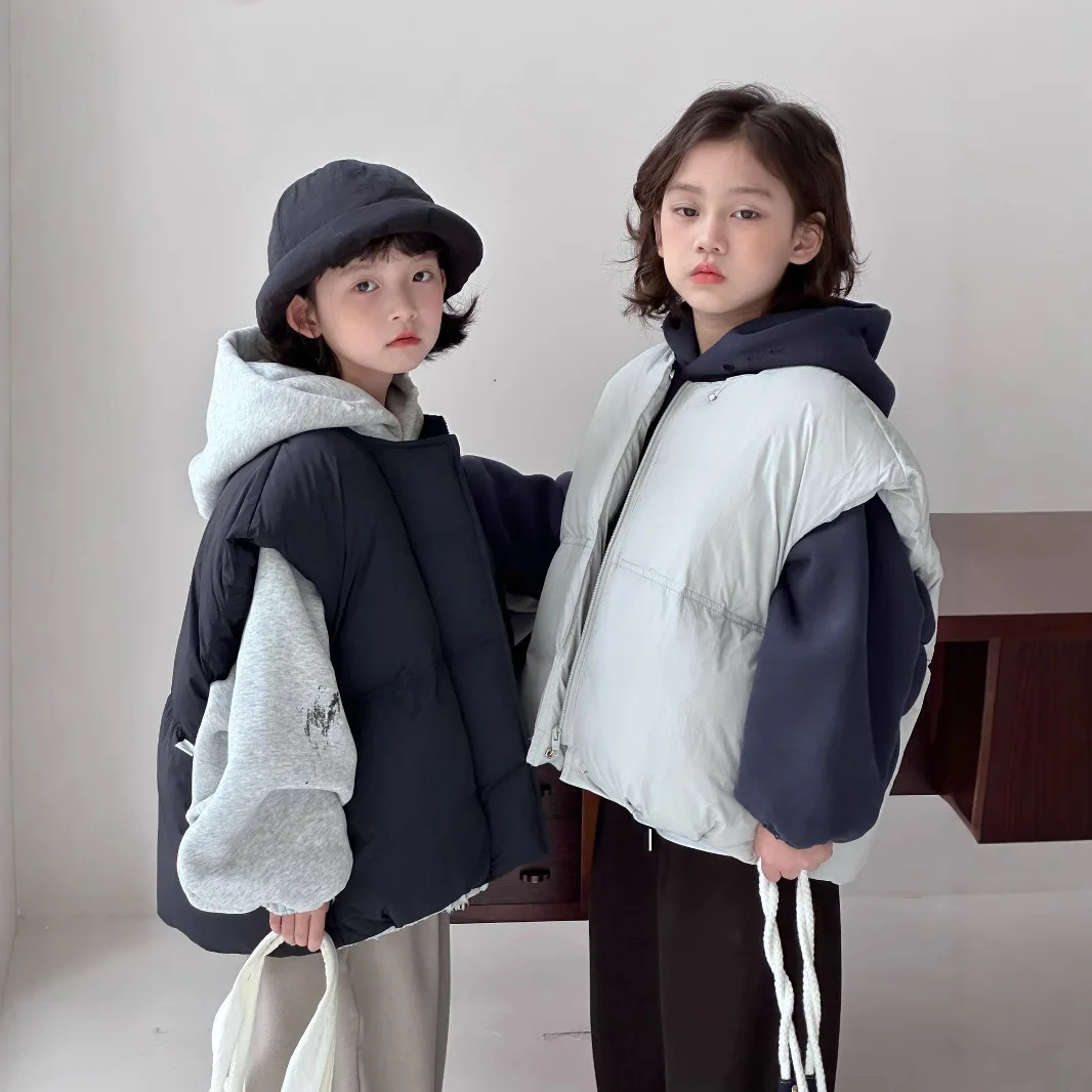 Girls Vest Coat 2024 Winter New Thickened Waistcoat Boys Girls Fashion Everything Bread Cotton Waistcoat Korean Simple Style